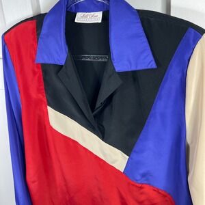 Lilli Ann Collections Vintage Colorblock Blouse Red Blue Black USA Made READ
